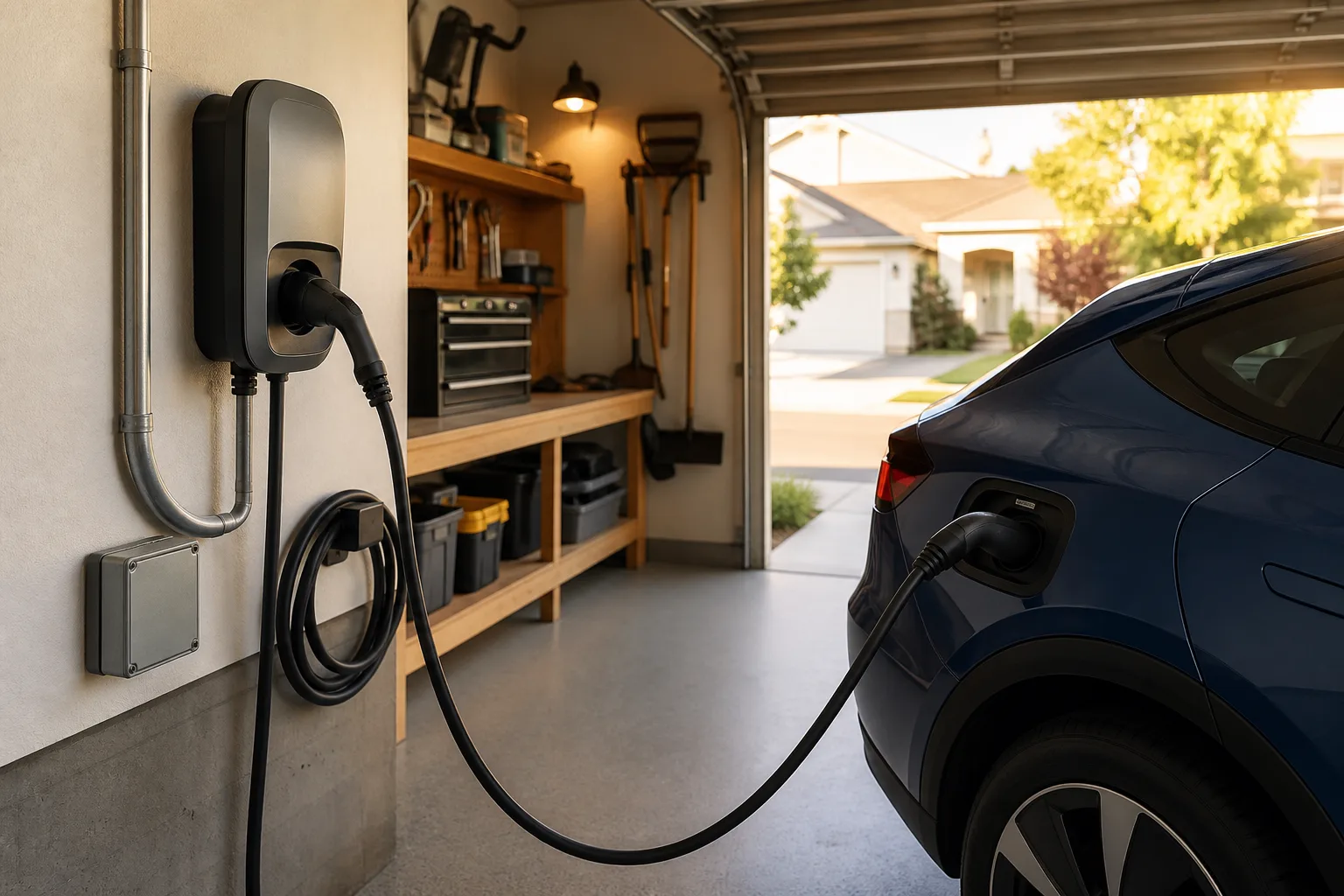 Electric vehicle connected to a wall-mounted charger in a home garage