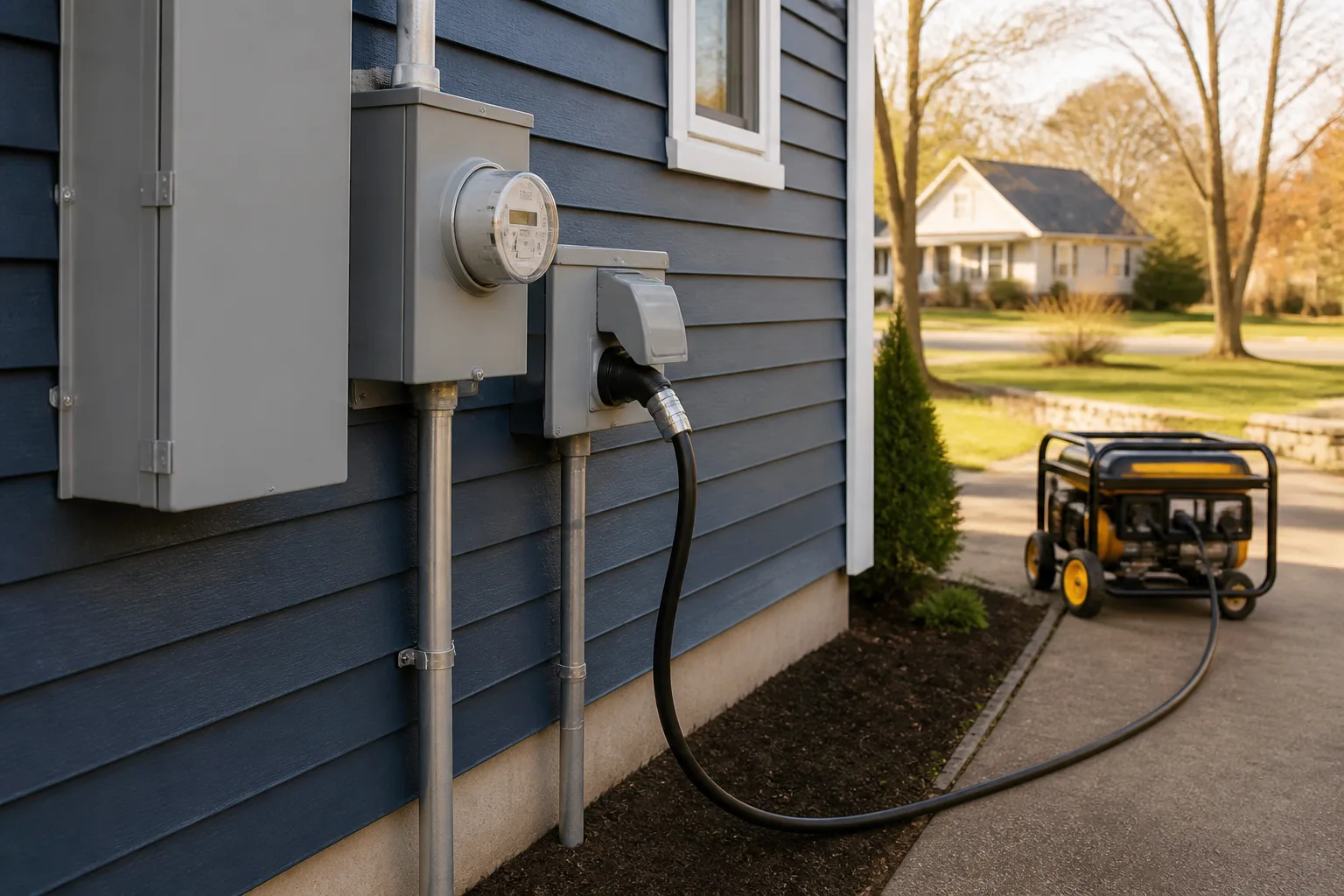 Exterior generator inlet connected to a portable generator positioned outdoors